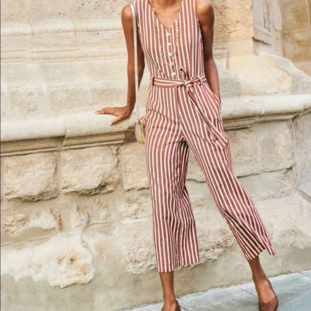 Boden Verity Stripe Linen Jumpsuit in Brown. Size 6